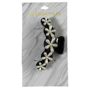 Madison Tyler Hair Clip Claw  Jaw Faux Pearl Flowers Black White Barrette Womens